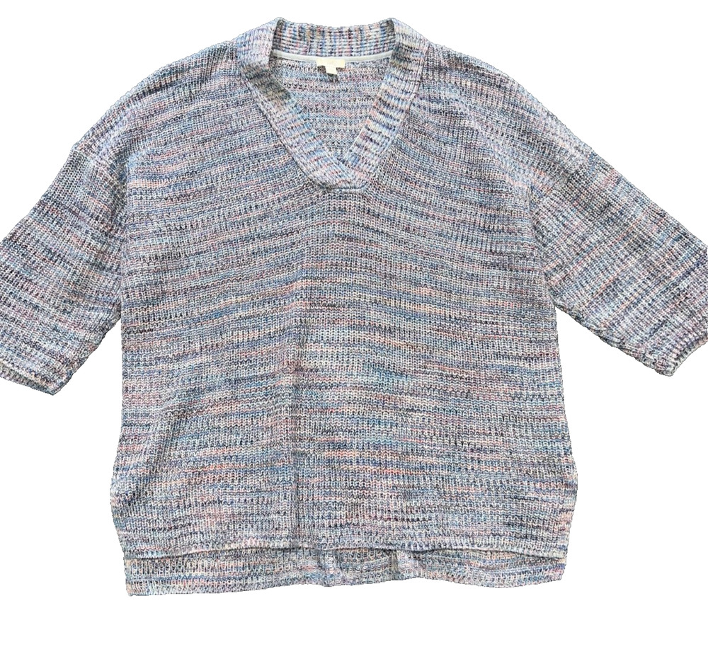 J Jill Sweater Womens Size Large Blue Rib Knit V Neck 3/4 Sleeve Stretch A010330